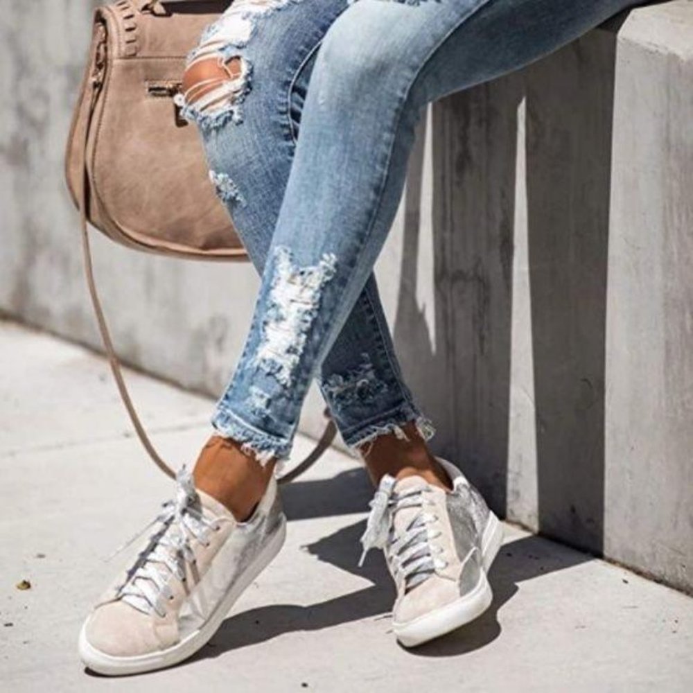 Metallic Silver Low Top Star Sneakers - Picture 2 of 15